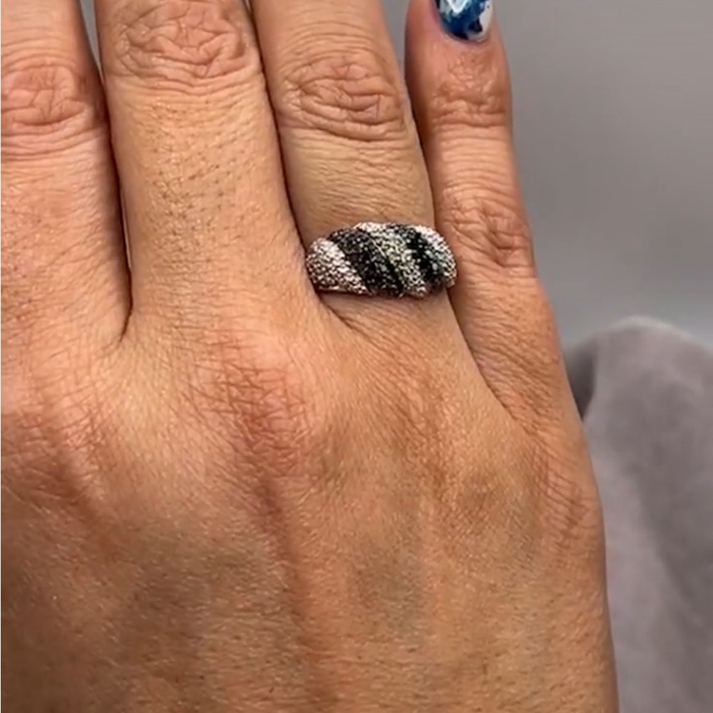 Solid white gold black and white diamond crescent dome ring